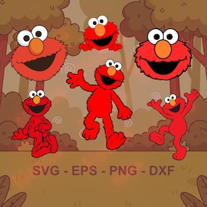 May include: A collection of red Elmo character designs in various poses, including full body and head-only illustrations. The background features a cartoon forest scene with brown trees and a light brown ground. The image includes the text "SVG - EPS - PNG - DXF".