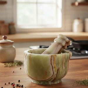 May include: A green and brown marble mortar and pestle set. The mortar is a bowl shape with a rounded base, and the pestle is cylindrical. The set is on a wooden surface, with a small jar and spices in the background.