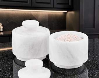 Marble Salt Cellar with Lid 3" White Handmade Set of 2 Salt Jar Spice Storage Containers For Kitchen Ideal Sugar Bowl, Salt dish For Table