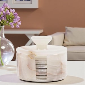 Marble Coasters Set of 6 Round Handmade 3.5" White Onyx Stone Coaster for Drinks with Holder & Lid, Ideal for Dining Table, Coffee Table