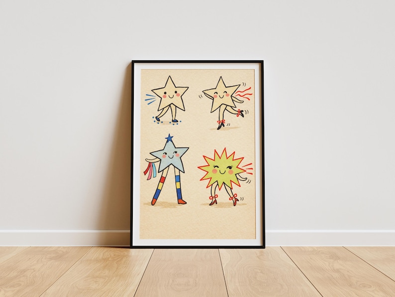 May include: A framed art print featuring four cartoon stars with smiling faces and limbs. The stars are in various colors, including yellow, blue, and green, and are depicted dancing. The artwork is set against a beige background.