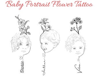 Custom Baby Portrait Tattoo with Birth Flower & Name – Minimalist Line Art, Personalized Tattoo Design, Baby Keepsake Illustration