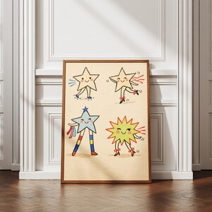May include: A framed print featuring four cartoon stars with smiling faces and limbs. The stars are in various poses, including roller skating and dancing. The artwork has a vintage style with a light beige background and a brown wooden frame.