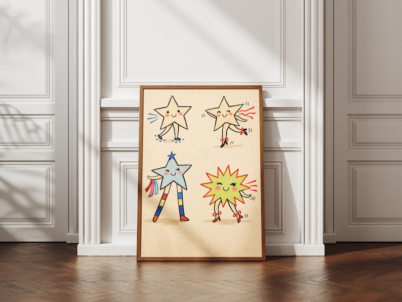 May include: A framed print featuring four cartoon stars with smiling faces and limbs. The stars are in various poses, including roller skating and dancing. The artwork has a vintage style with a light beige background and a brown wooden frame.