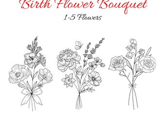 Custom Birth Flower Bouquet Tattoo Design , 1-5 Flowers , Minimalist Floral Bouquet (Digital Download)