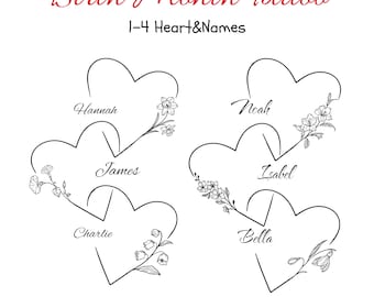 Custom Birth Flower Heart Tattoo Design, Personalized Memorial Art, Family Name Tattoo,  Fine Line Minimalist Tattoo (Digital Download)