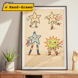 May include: A framed art print featuring four whimsical star characters with smiling faces and various outfits. The stars are hand-drawn and set against a beige background. The text "Hand-drawn" is in a yellow banner in the upper left corner.