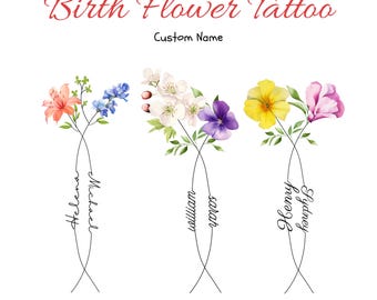 2 Names Birth Month Flowers Tattoo Art, Custom Name Design, Couple Family, Personalized Birth Month Colorful Flower Tattoo Design