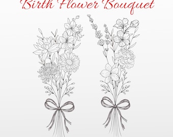 Custom Birth Flower Bouquet Tattoo Design , 1-5 Flowers , Minimalist Floral Bouquet (Digital Download)