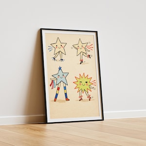 May include: A framed print featuring four cartoon stars with smiling faces and various accessories. The stars are in different colors and poses, with some wearing roller skates and others with ribbons. The artwork has a playful and whimsical style.