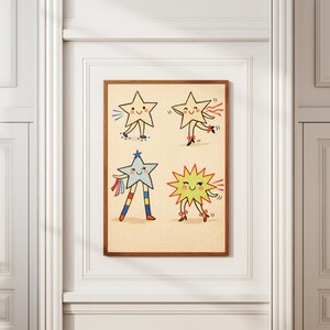 May include: A framed print featuring four cartoon stars with smiling faces and limbs. The stars are in various poses, some with ribbons and others with radiating lines. The artwork has a vintage, whimsical style, with a light beige background.