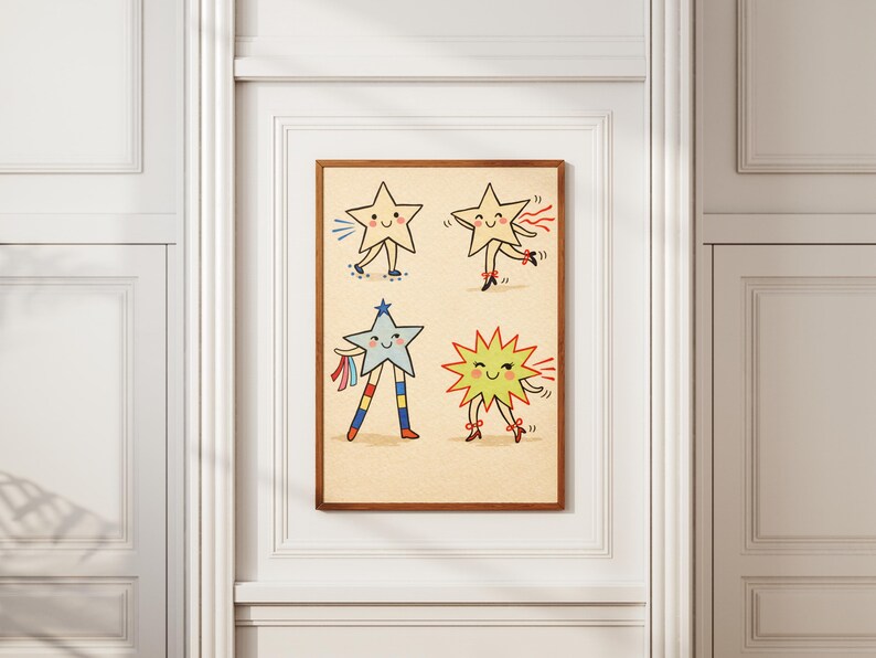 May include: A framed print featuring four cartoon stars with smiling faces and limbs. The stars are in various poses, some with ribbons and others with radiating lines. The artwork has a vintage, whimsical style, with a light beige background.