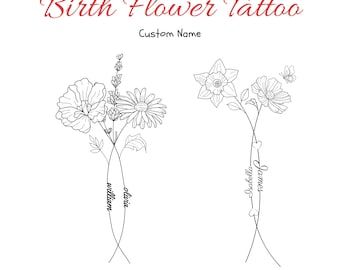 Custom Birth Month Flower Tattoo Design,  2 Names Personalized Family Bouquet, Floral Bouquet (Digital Download)
