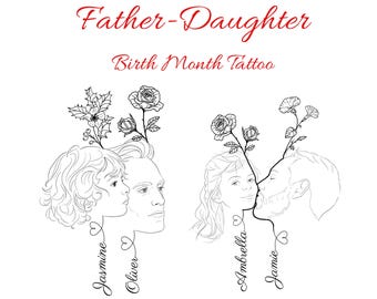 Father Daughter Birth Flower Tattoo Design, Personalized Dad and Daughter Tattoo, Fathers Day Gift, Custom Name Flower Tattoo
