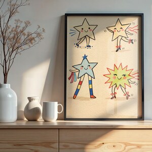 May include: A framed art print featuring four cartoon stars with smiling faces and legs. The stars are in various colors, including yellow, blue, and red, and are depicted with arms and legs, some with ribbons. The artwork is displayed on a wooden cabinet.