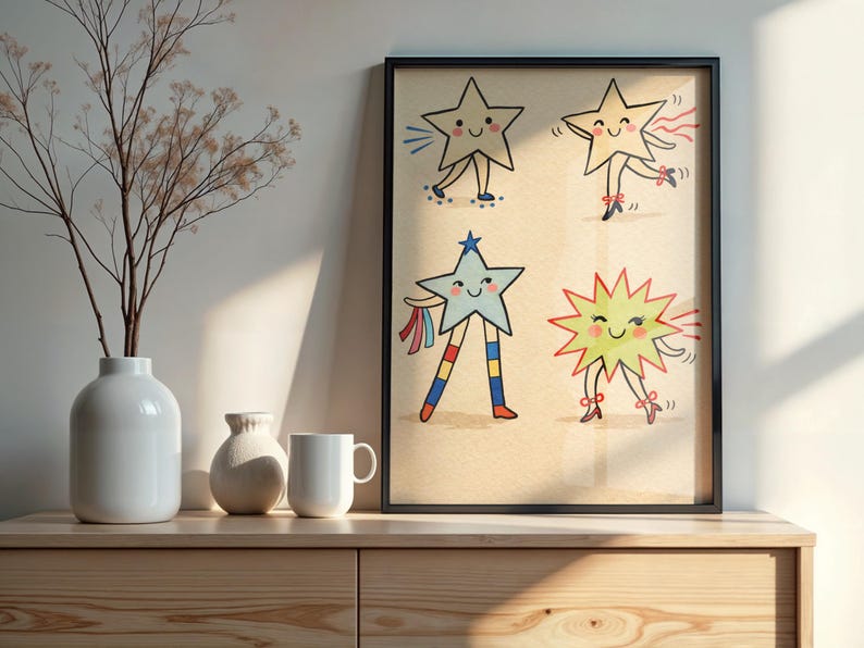 May include: A framed art print featuring four cartoon stars with smiling faces and legs. The stars are in various colors, including yellow, blue, and red, and are depicted with arms and legs, some with ribbons. The artwork is displayed on a wooden cabinet.
