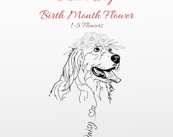 Custom Dog Remembrance Tattoo Design with Birth Flower, Minimalist Pet Memorial Line Art Portrait, Forever in My Heart Dog Loss Gift