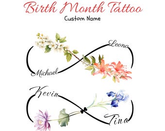 Custom Birth Month Flowers Infinity Tattoo Design , 2 names , Personalized Name Art (Digital Download)