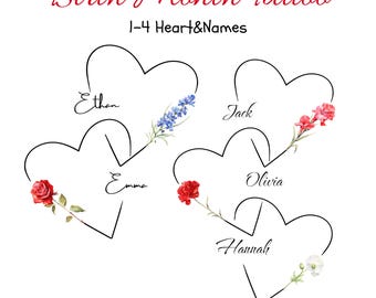 Custom Birth Flower Heart Tattoo Design, Personalized Memorial Art, Family Name Tattoo,  Fine Line Minimalist Tattoo (Digital Download)