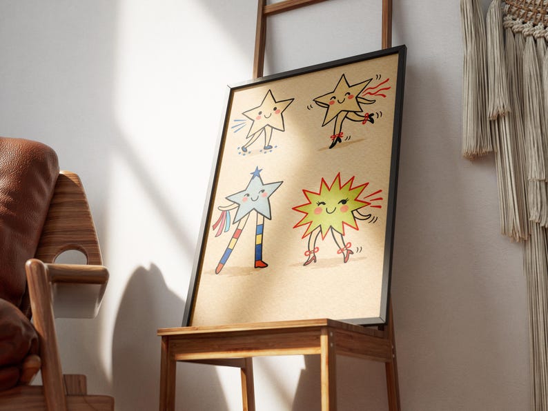 May include: A framed print featuring four whimsical star illustrations. Each star has a smiling face and is depicted with arms and legs, some with ribbons and bows. The artwork is set against a tan background.