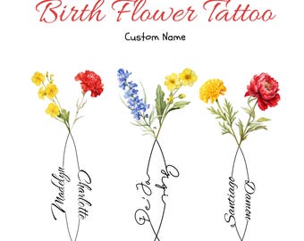 2 Names Birth Month Flowers Tattoo Art , Custom Name Design , Line Art Birth Flower Tattoo Design,