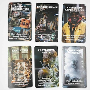 May include: A set of six tarot cards with various images and text. The cards feature themes like "Shared Experiences," "Bad Influence," and "Keeping Up Appearances." Each card has a unique illustration and a corresponding message.