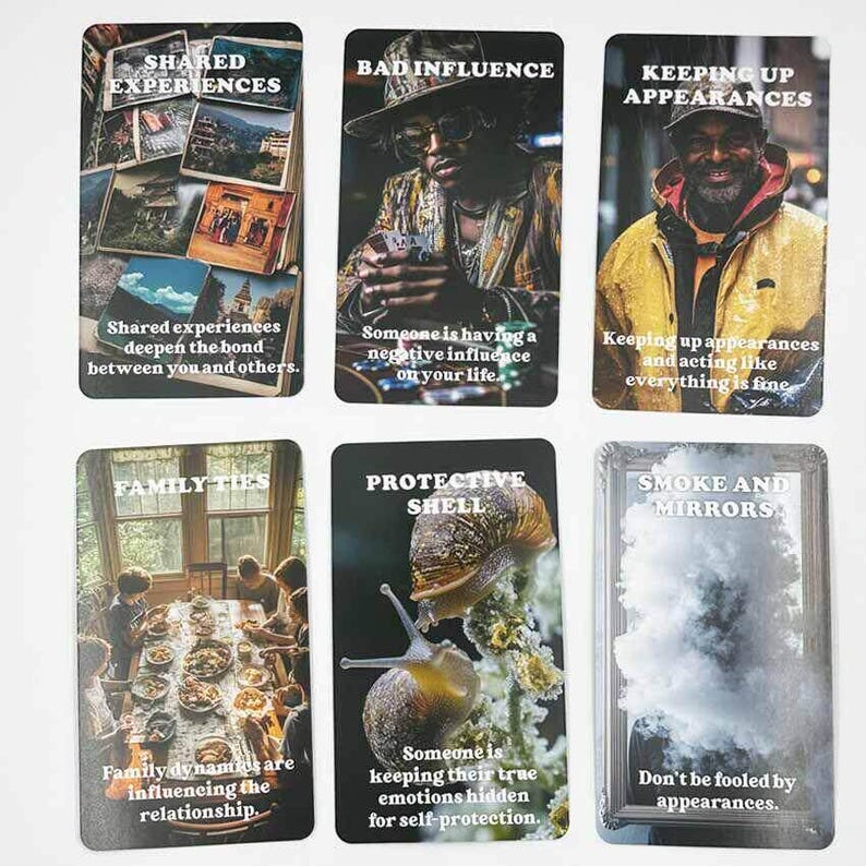 May include: A set of six tarot cards with various images and text. The cards feature themes like "Shared Experiences," "Bad Influence," and "Keeping Up Appearances." Each card has a unique illustration and a corresponding message.