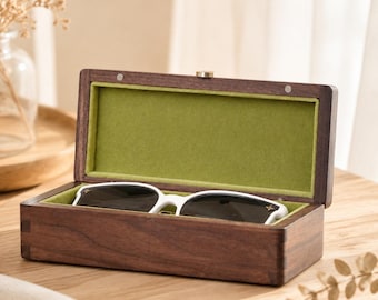 Walnut Wooden Sunglasses Case with Green Velvet Lining, Luxury Eyewear Storage Box, Handmade Wood Glasses Holder, Minimalist Gift