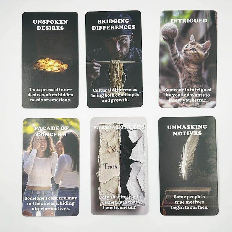 May include: Six tarot cards with black borders and white text. The cards feature images and phrases like "Unspoken Desires," "Bridging Differences," and "Intrigued." Each card has a unique illustration and a short description.