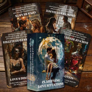 May include: A deck of tarot cards with images and text. The cards feature couples, moons, and bottles. The central card reads "Clarifying Love Situations." Other cards include "Open Hearts" and "Love's Disc." The deck is designed for love and romance shadow work.