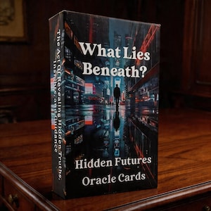 Puede incluir: Una caja rectangular de "Hidden Futures Oracle Cards" con el título "What Lies Beneath?" en texto blanco. La imagen de la caja representa a una persona caminando sobre una superficie reflectante en una ciudad de noche. El lateral de la caja dice "The Act of Revealing Hidden Truths, Insights, and Guidance."