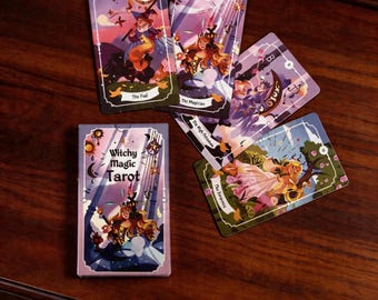Witchy Magic Tarot Deck, Cute Illustrated Tarot Cards, Beginner Friendly Divination Set, Spiritual Guidance Cards, Witch Gift
