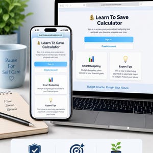 May include: A smartphone and laptop display the "Learn To Save Calculator" website, promoting financial tools. The screen shows options for signing in, creating an account, and accessing budgeting features. The image also includes a mug and a notepad.