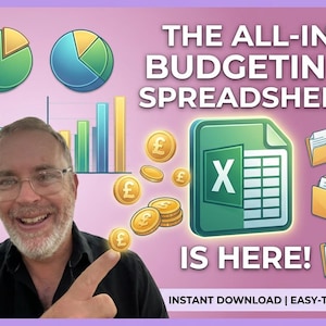 May include: A digital graphic for a budgeting spreadsheet featuring the text THE ALL-IN BUDGETING SPREADSHEET IS HERE! INSTANT DOWNLOAD | EASY-TO-USE. It includes icons of pie charts, bar graphs, gold coins with pound symbols, and yellow file folders.