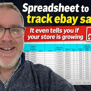 Puede incluir: Un hombre con gafas frente a una hoja de cálculo titulada "Spreadsheet to track ebay sales". La hoja de cálculo incluye datos y el texto "It even tells you if your store is growing."