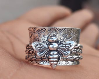 Sterling Silver Bee Spinner Ring, Anxiety Fidget Band, Boho Jewelry