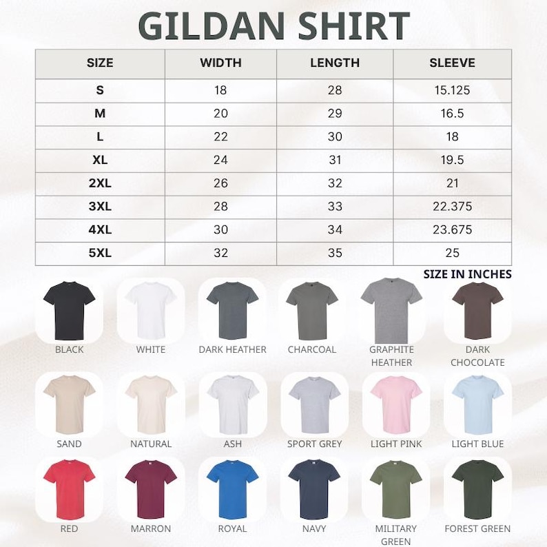 Pu&ograve; includere: Una tabella delle taglie per t-shirt Gildan con misure di larghezza, lunghezza e manica in pollici per le taglie dalla S alla 5XL. Sotto la tabella ci sono diciotto t-shirt in vari colori, tra cui nero, bianco, grigio e verde bosco.