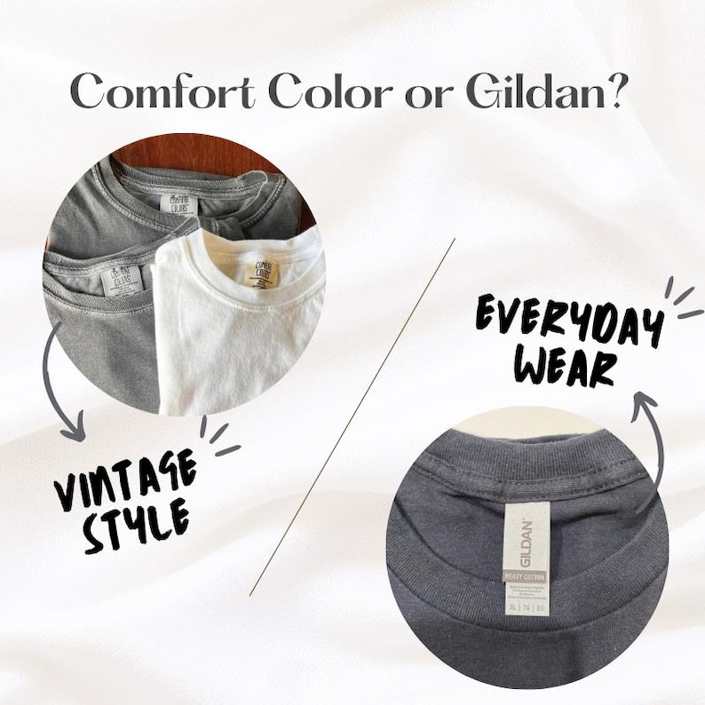 Pu&ograve; includere: Un grafico comparativo con magliette dotate di etichette Comfort Colors e Gildan. Il testo recita Comfort Color or Gildan?, Vintage Style ed Everyday Wear. L'immagine mostra magliette grigie e bianche con etichette e scollature visibili.