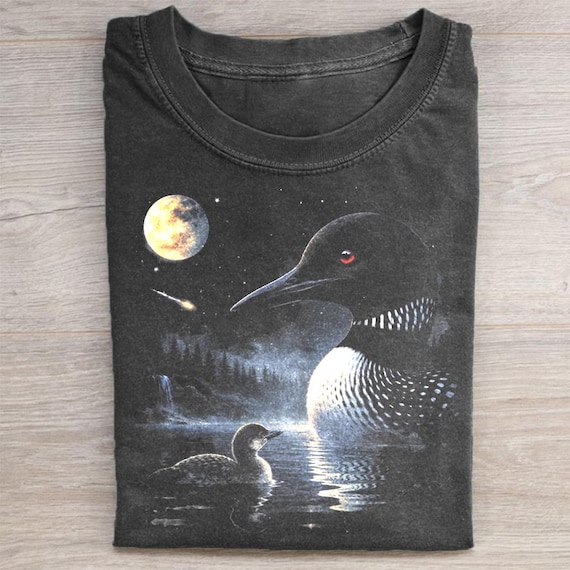 Loon Moon Shirt, Vintage Wildlife Graphic Tee, Cosmic Bird Nature Apparel, Mysterious Night Lake Top, Bird Lover Gift, Retro Animal Shirt