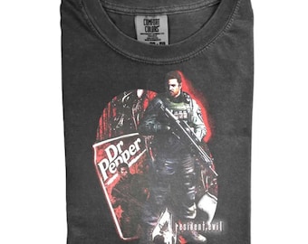 Chris Redfield Dr Pepper Shirt, Retro Resident Evil Graphic Tee, Vintage Video Game Mashup, Comfort Colors Horror Gamer Apparel Gift