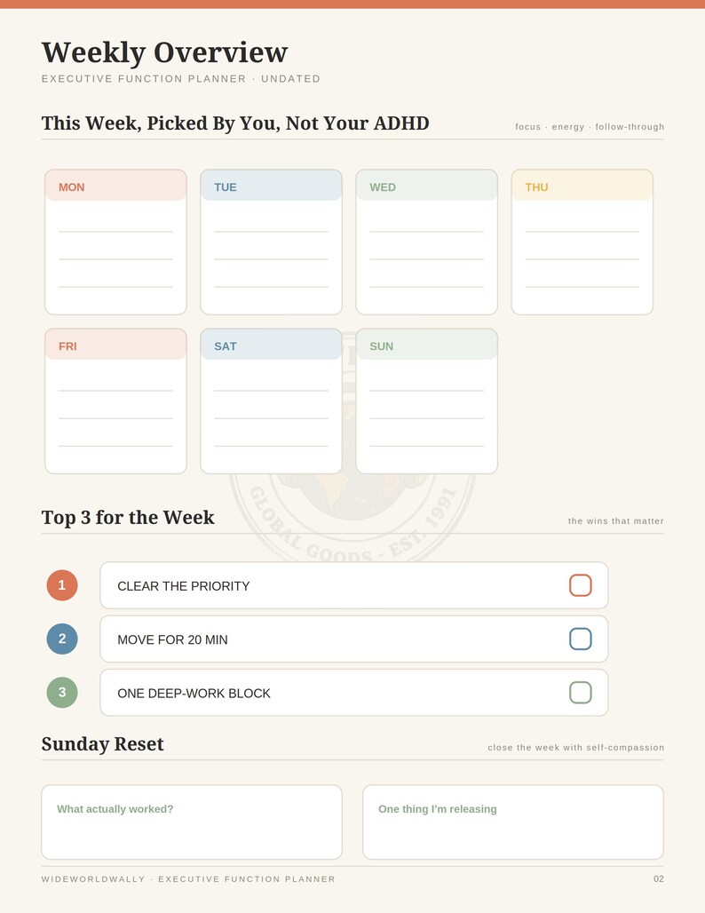 Executive Function Planner - Weekly Overview page
