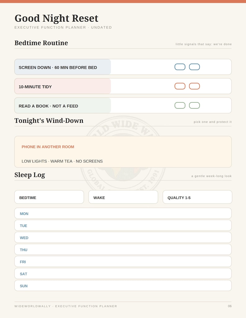 Executive Function Planner - Good-Night Reset page