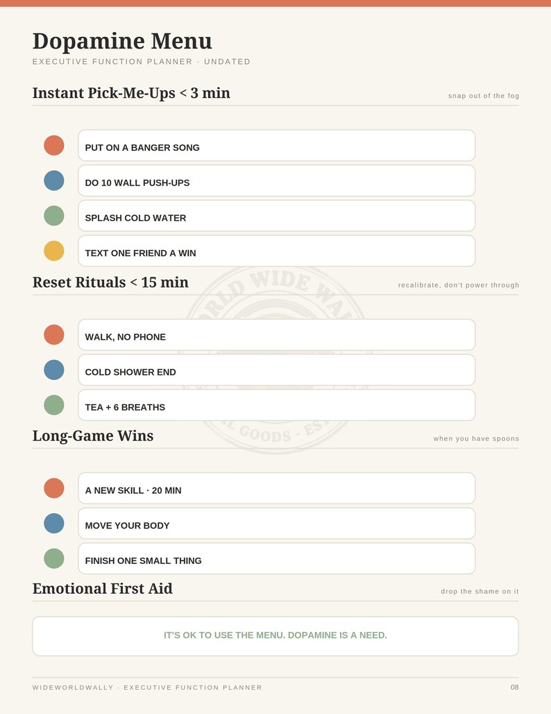Executive Function Planner - Dopamine Menu page
