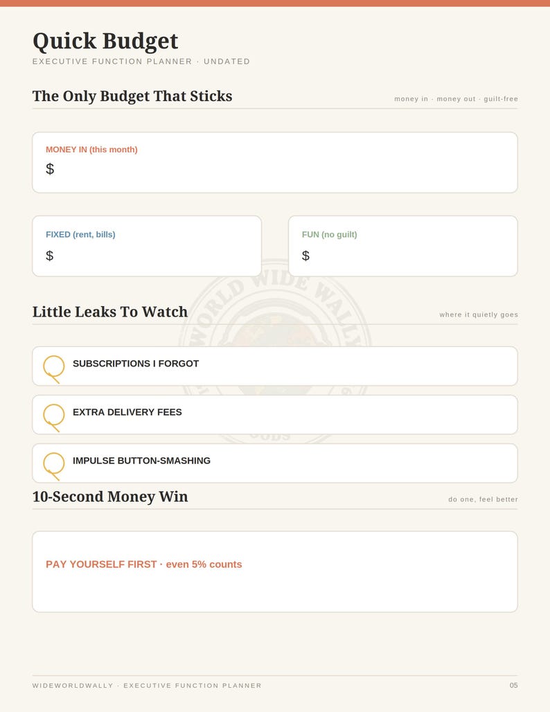 Executive Function Planner - Quick Budget page