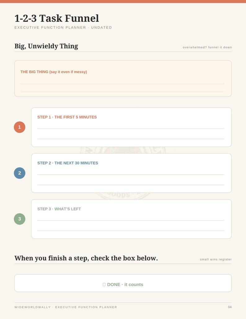 Executive Function Planner - Task Funnel page