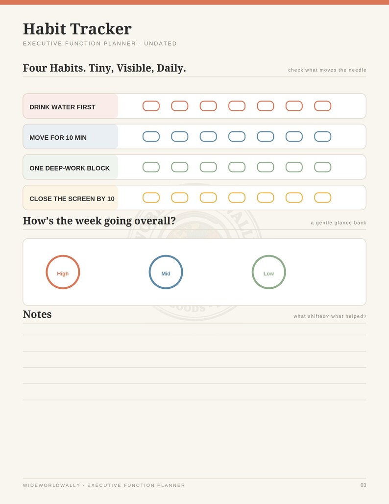 Executive Function Planner - Habit Tracker page