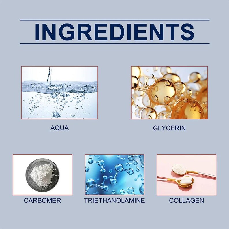 May include: Image showing the word "INGREDIENTS" above five ingredient images. The images include water, glycerin bubbles, a white powder labeled "CARBOMER", a molecular structure labeled "TRIETHANOLAMINE", and collagen on spoons.