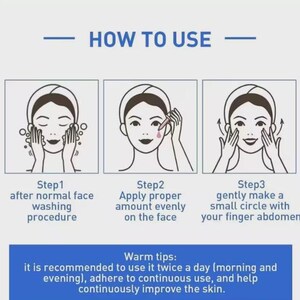 May include: An illustrated guide showing a skincare routine. The steps include washing the face, applying product, and massaging in circles. The text reads "HOW TO USE" and provides instructions and warm tips for use.