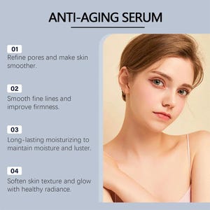 May include: An advertisement for anti-aging serum. The image features a fair-skinned woman and text that reads "ANTI-AGING SERUM." The text also lists benefits: refine pores, smooth lines, moisturise, and soften skin.