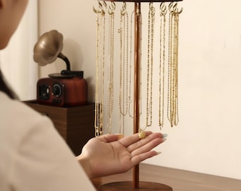 Walnut Jewelry Organizer Stand, Gold Hook Necklace Holder, Vertical Display Rack